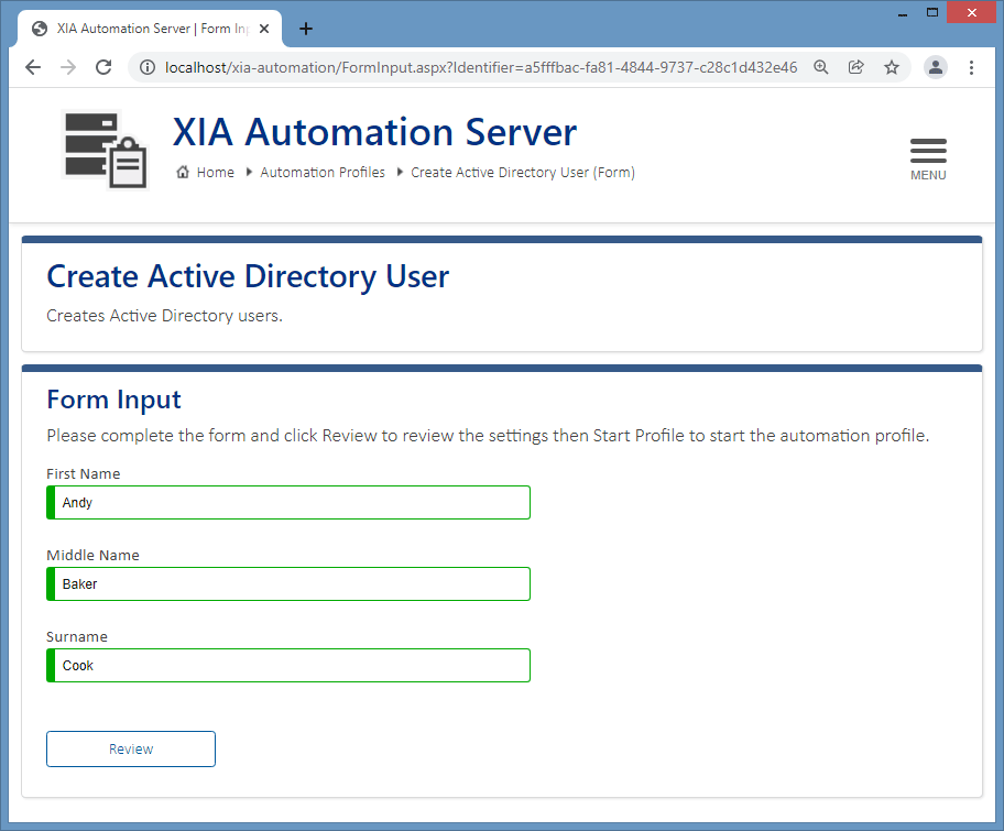 Screenshot of the form input in the XIA Automation Server web interface