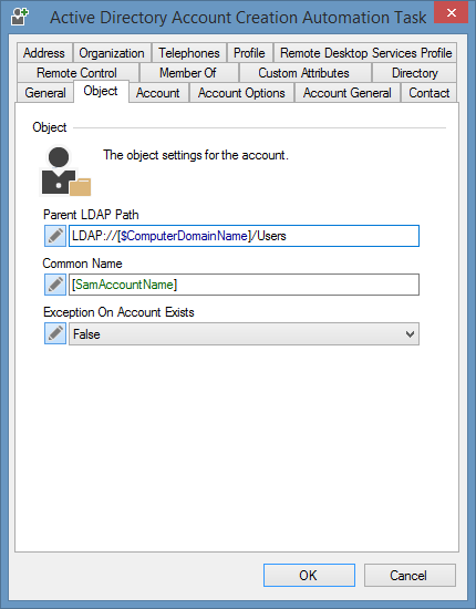 Screenshot of Active Directory user account creation task object settings in XIA Automation