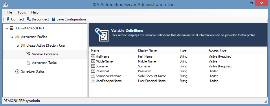 Screenshot of variable definitions in XIA Automation