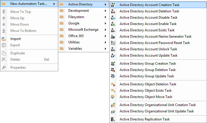 Screenshot of the Active Directory Account Creation Task in the New Automation Task right click context menu