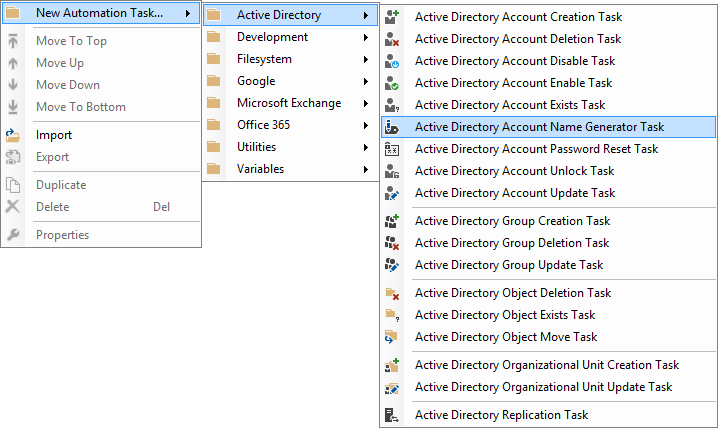 Screenshot of the Active Directory Account Name Generator Task in the New Automation Task right click context menu