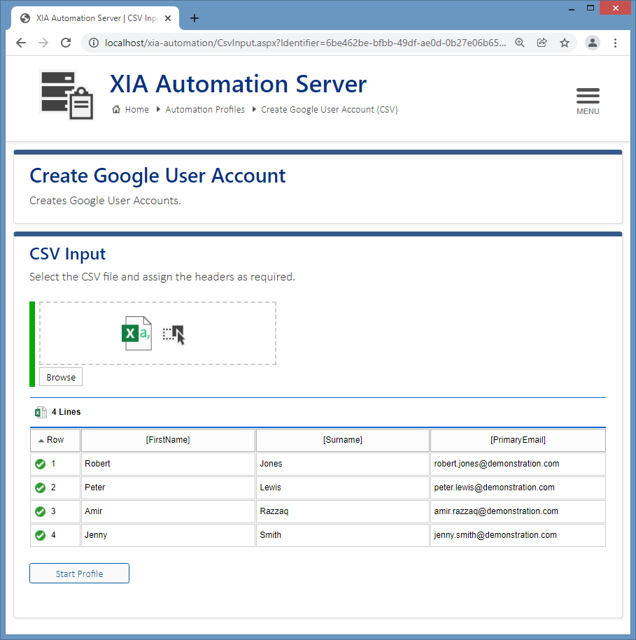 Screenshot of the form input in the XIA Automation Server web interface