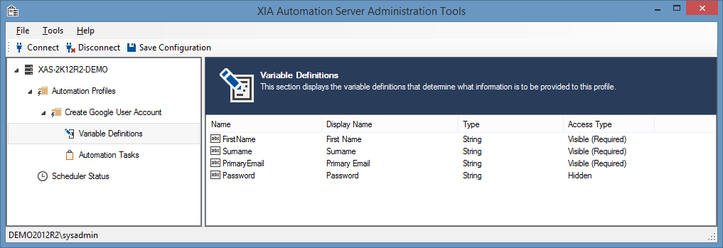 Screenshot of variable definitions in XIA Automation