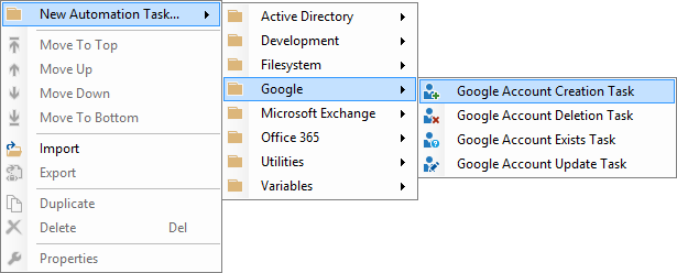 Screenshot of the Google Account Creation Task in the New Automation Task right click context menu