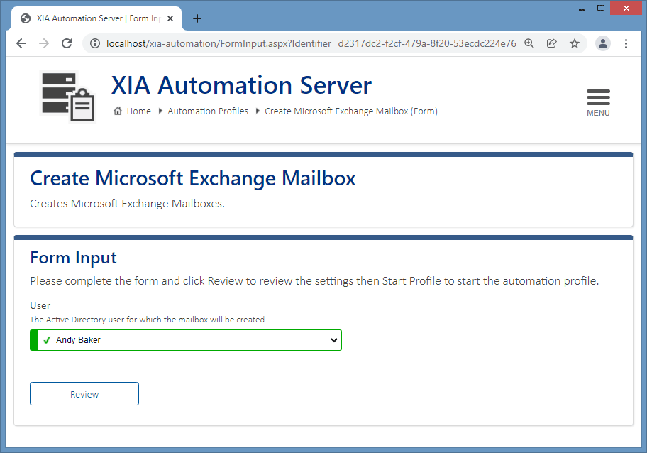 Screenshot of the form input in the XIA Automation Server web interface