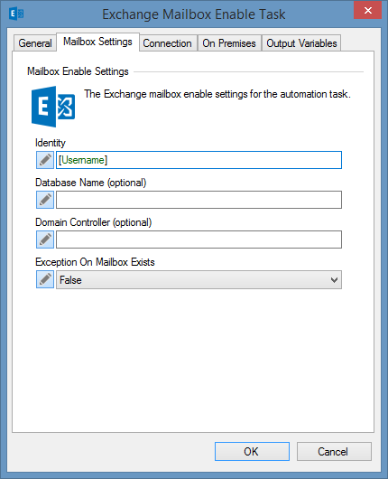 Screenshot of a Exchange mailbox enable task in XIA Automation