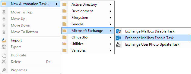 Screenshot of the Exchange Mailbox Enable Task in the New Automation Task right click context menu