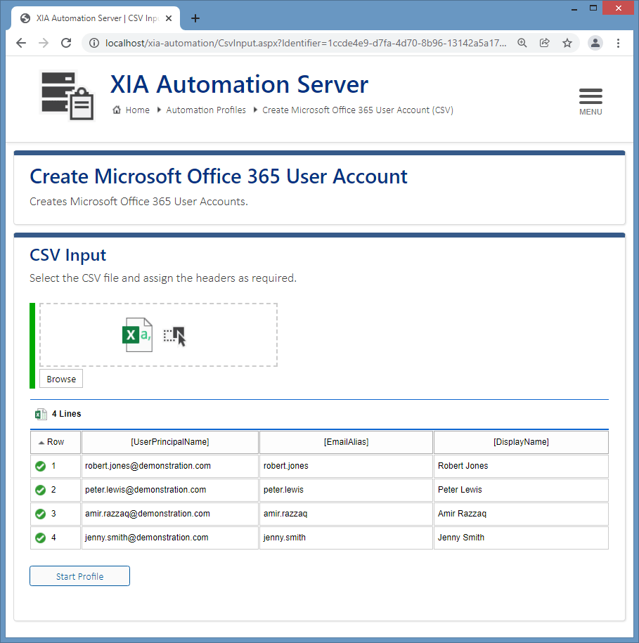 Screenshot of the form input in the XIA Automation Server web interface