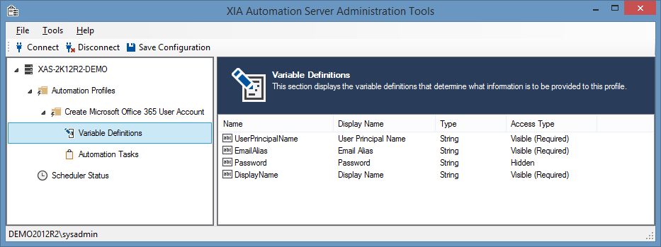 Screenshot of variable definitions in XIA Automation