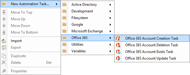 Screenshot of the Office 365 Account Creation Task in the New Automation Task right click context menu