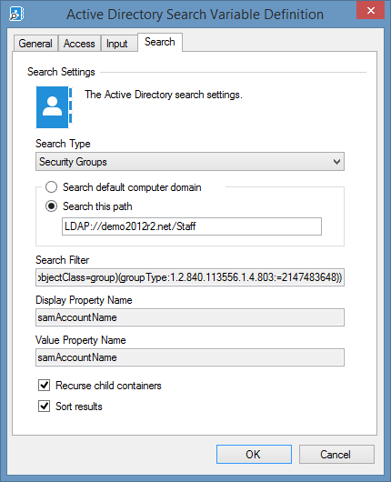 Screenshot of search settings in an Active Directory Search Variable Definition