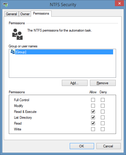 Screenshot of create directory task security permissions in XIA Automation