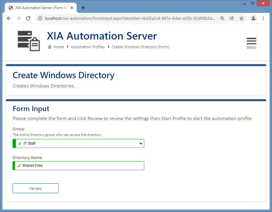 Screenshot of the form input in the XIA Automation Server web interface