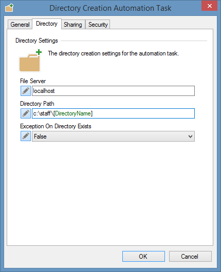 Screenshot of create directory task security permissions in XIA Automation