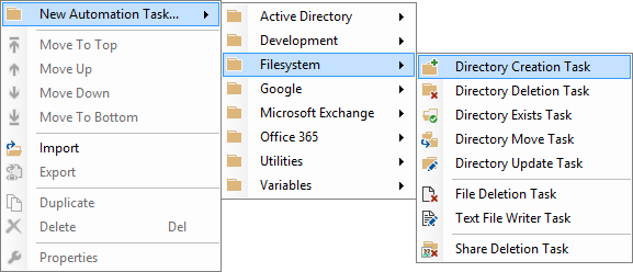Screenshot of the Create Directory Automation Task in the New Automation Task right click context menu