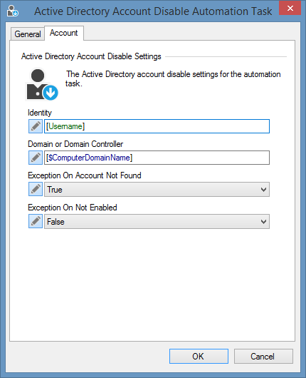 Screenshot of a disable Active Directory user account task in XIA Automation