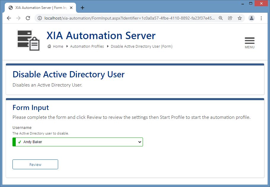 Screenshot of a disable Active Directory user account automation profile in XIA Automation Server