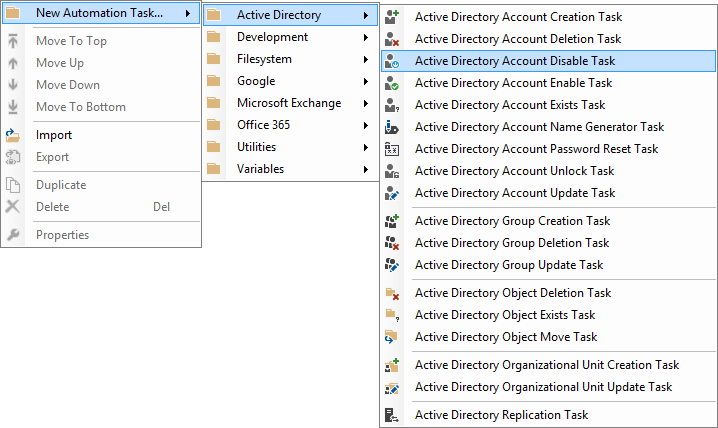 Screenshot of the Active Directory Account Disable Task in the New Automation Task right click context menu