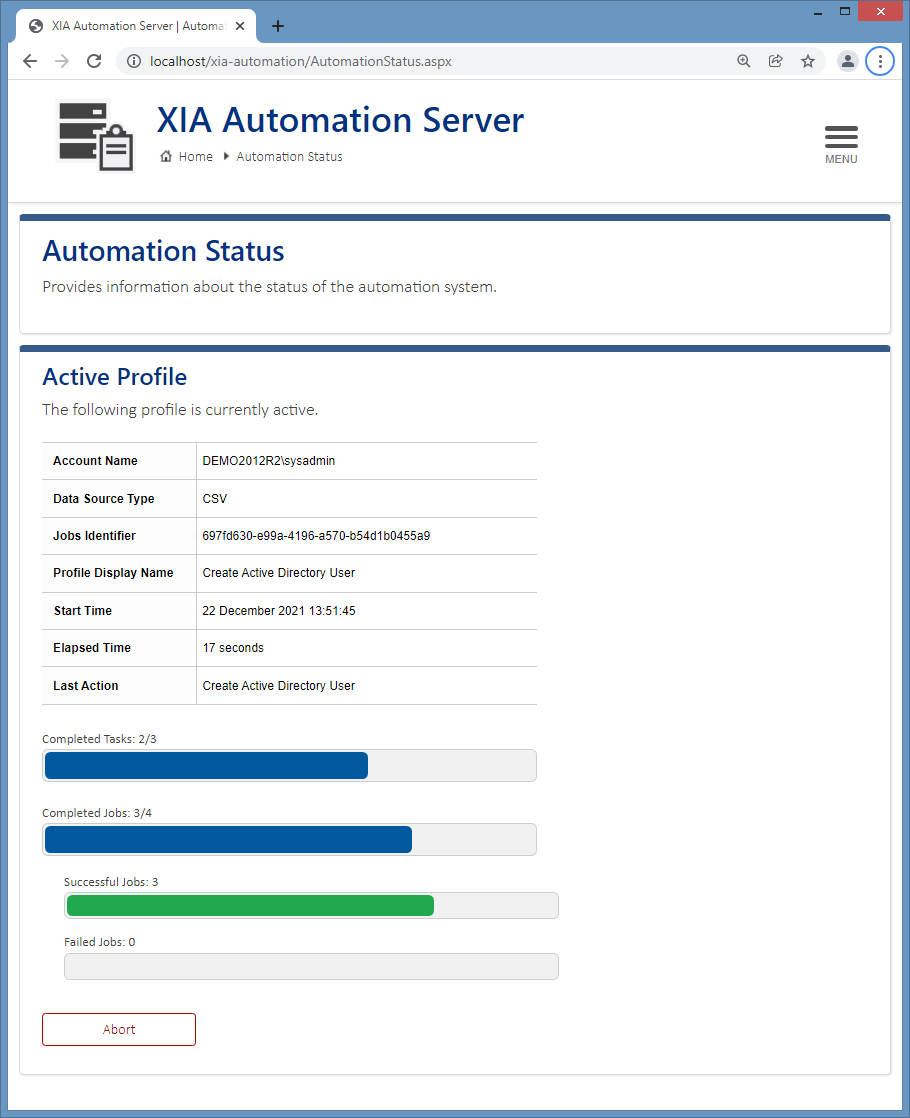 Screenshot of the CSV import progress in Automation Status