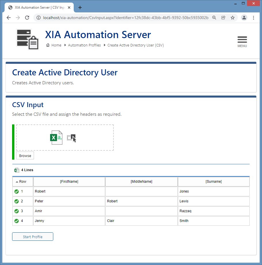 Screenshot of a CSV file being imported into XIA Automation
