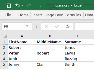 Screenshot of a CSV file containing users open in Microsoft Excel