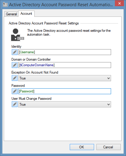 Screenshot of the Active Directory Account Password Reset Task in XIA Automation