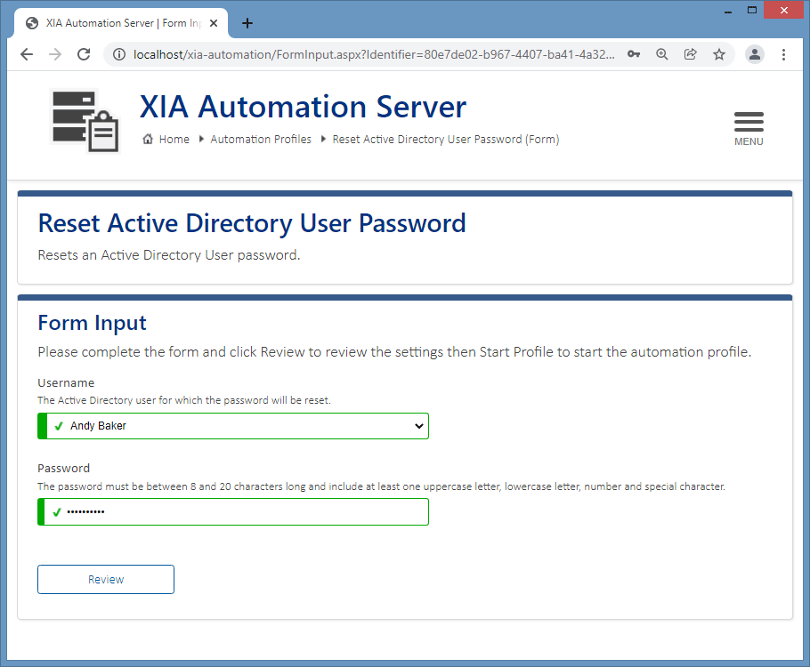 Screenshot of an automation profile to reset a password in the XIA Automation Server web interface