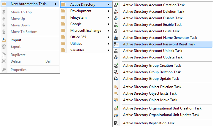 Screenshot of the Active Directory Account Password Reset Task in the New Automation Task right click context menu