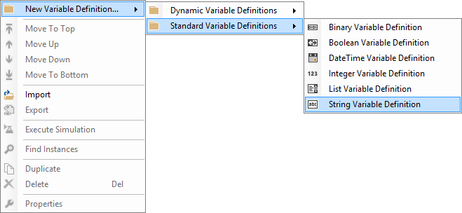 Screenshot of the String Variable in the New Variable Definition right click context menu