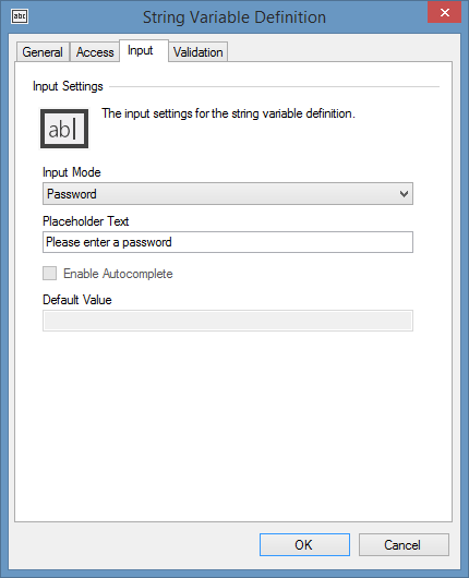 Screenshot of input settings in a String Variable Definition