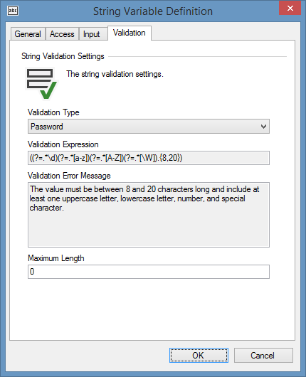 Screenshot of validation settings in a String Variable Definition
