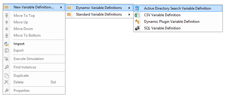 Screenshot of the Active Directory Search Variable Definition in the New Variable Definition right click context menu