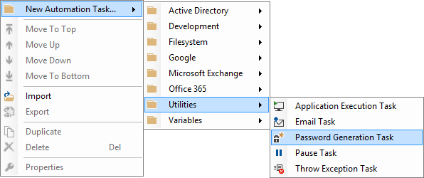 Screenshot of the Password Generation Task in the New Automation Task right click context menu