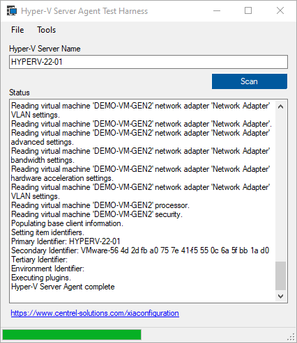 Screenshot of XIA Configuration Hyper-V Server agent test harness