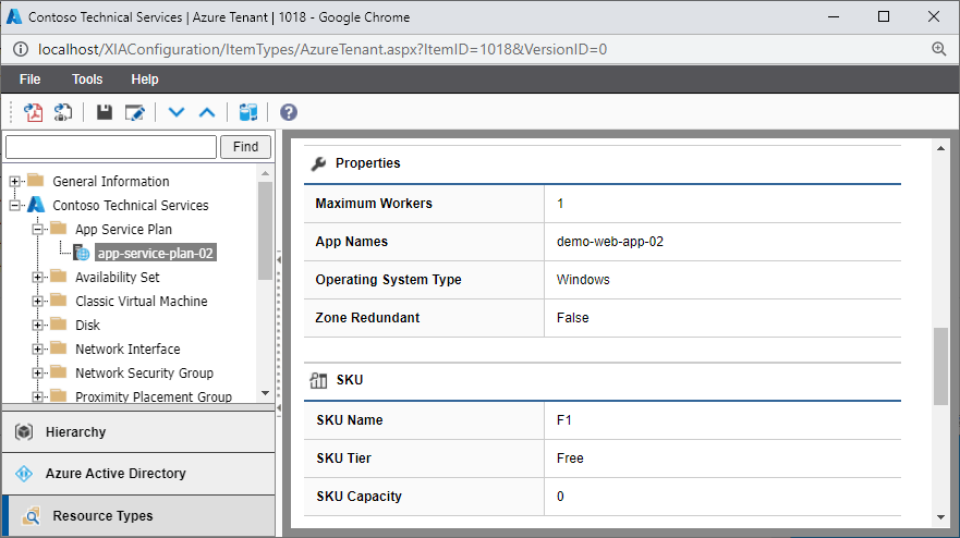 Screenshot of Azure app service plan properties in the XIA Configuration web interface