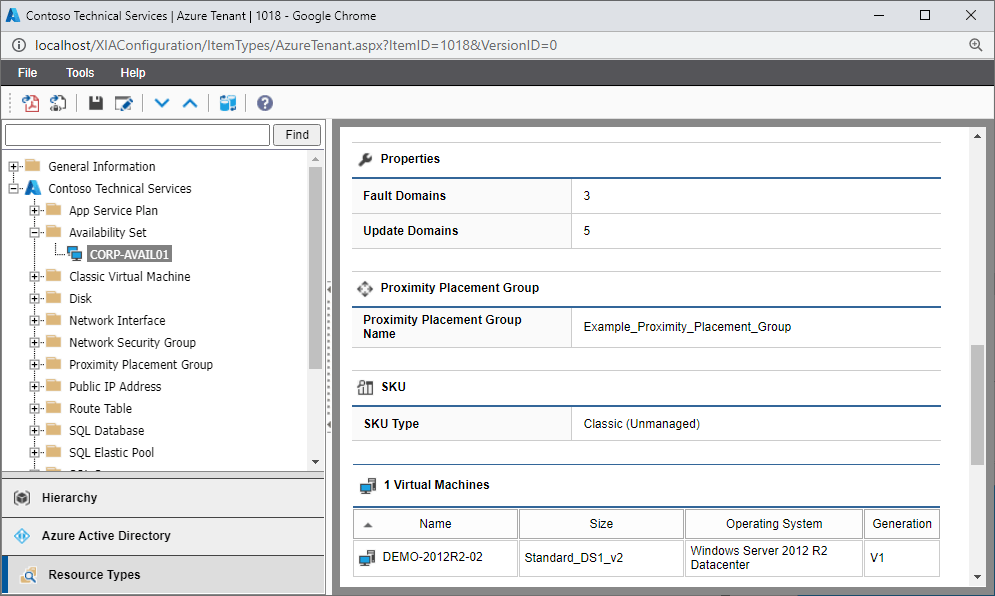 Screenshot of Azure availability set properties in the XIA Configuration web interface
