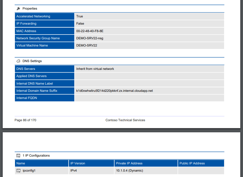 Screenshot of Azure network interface settings in a PDF generated by XIA Configuration