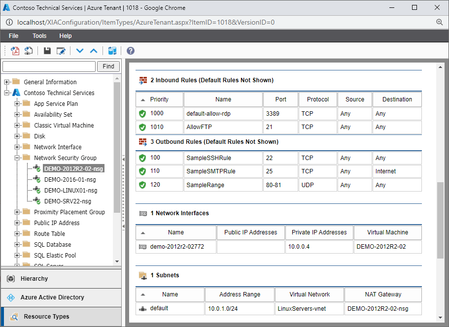Screenshot of Azure network security group settings in the XIA Configuration web interface