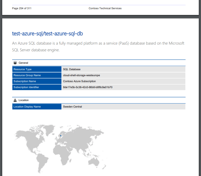 Screenshot of Azure SQL database general settings in a document generated by XIA Configuration