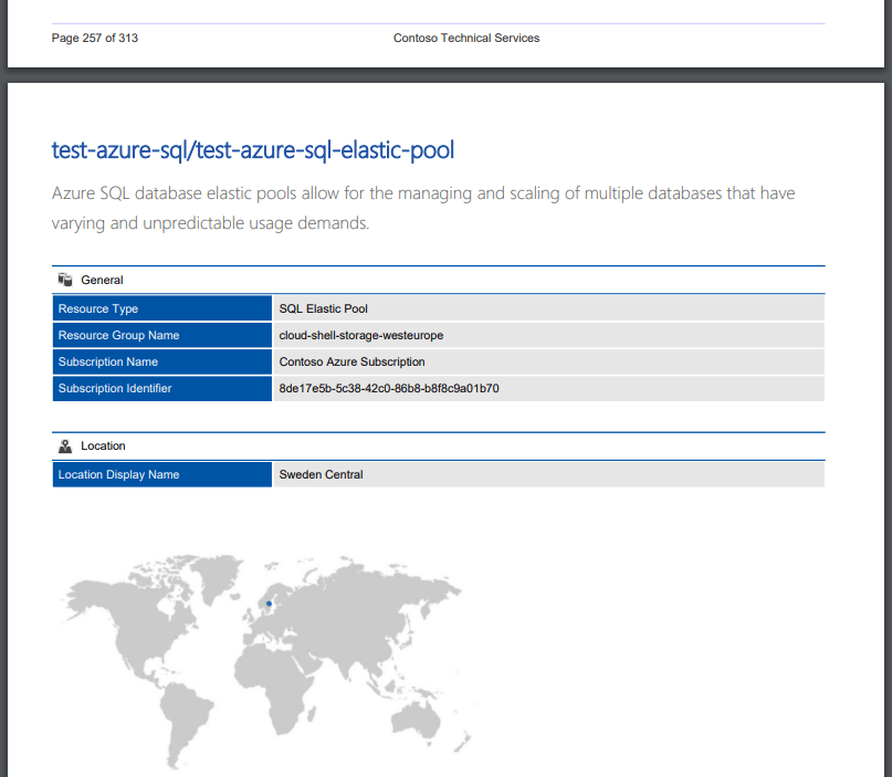 Screenshot of Azure SQL elastic pool general settings in a document generated by XIA Configuration