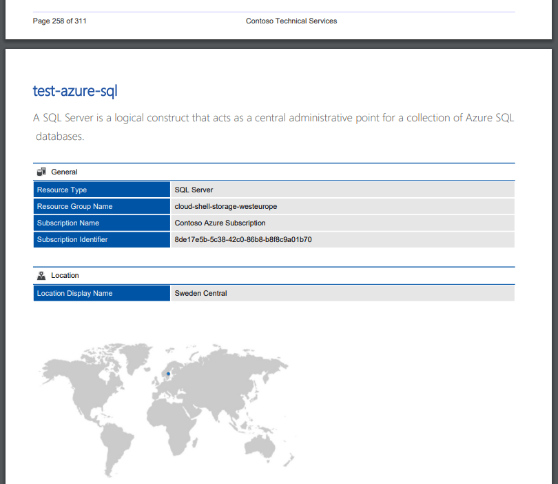 Screenshot of Azure SQL server general settings in a document generated by XIA Configuration