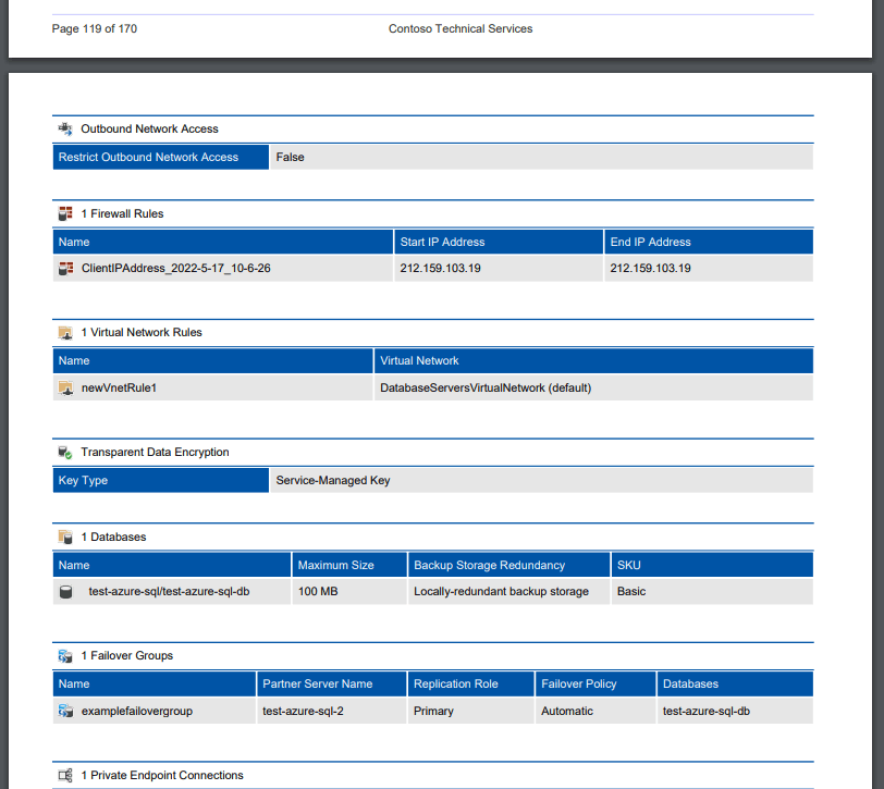 Screenshot of Azure SQL server outbound network access settings in a document generated by XIA Configuration