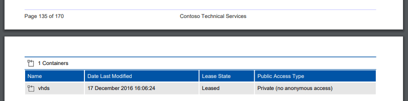 Screenshot of Azure storage account containers in a PDF generated by XIA Configuration