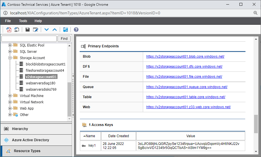 Screenshot of Azure storage account primary endpoints in the XIA Configuration web interface