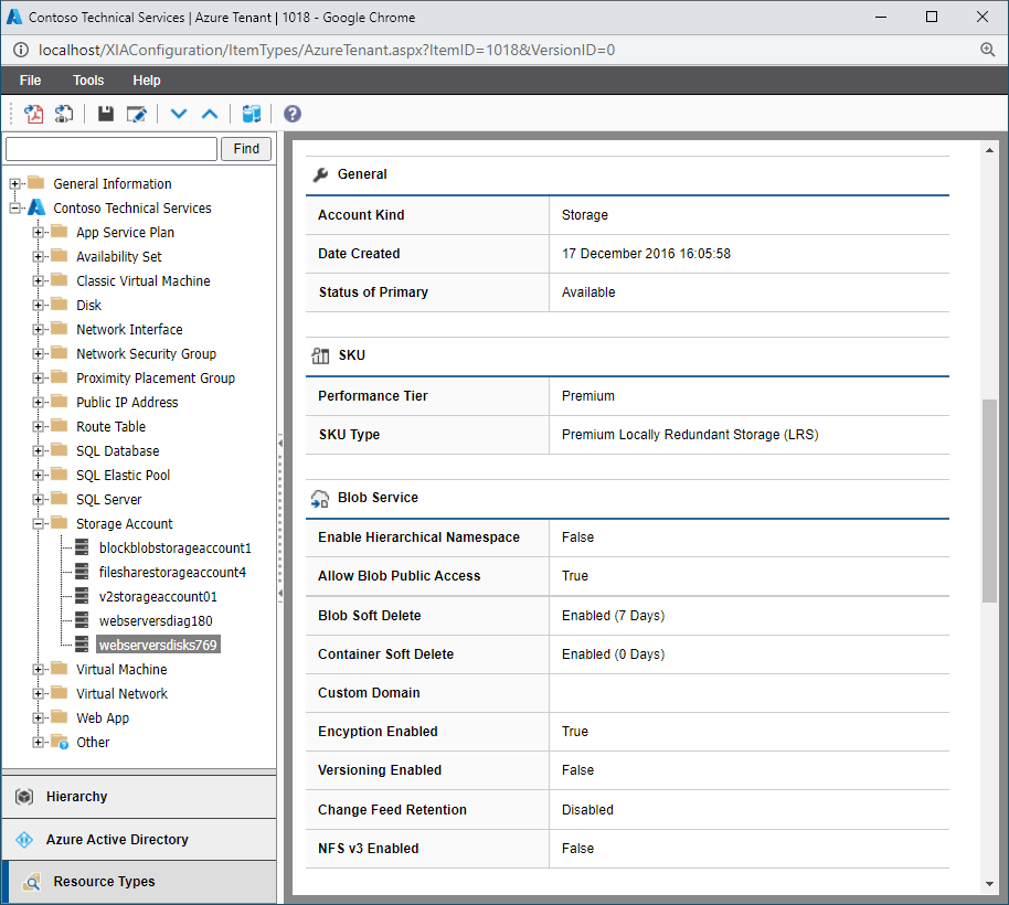 Screenshot of Azure storage account settings in the XIA Configuration web interface
