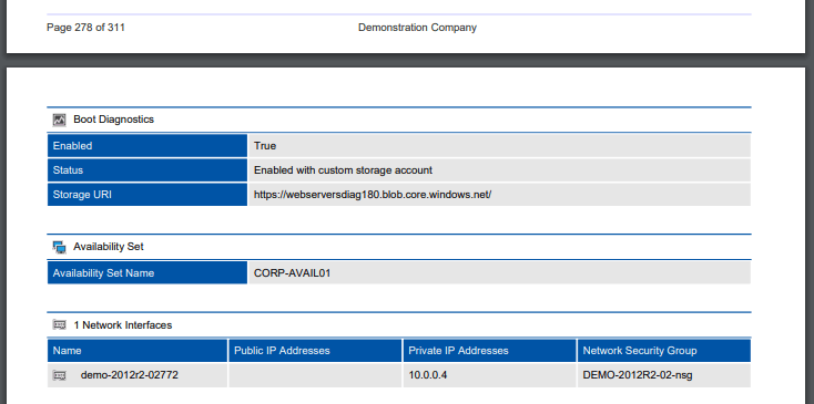 Screenshot of Azure virtual machine network interfaces in a PDF generated by XIA Configuration