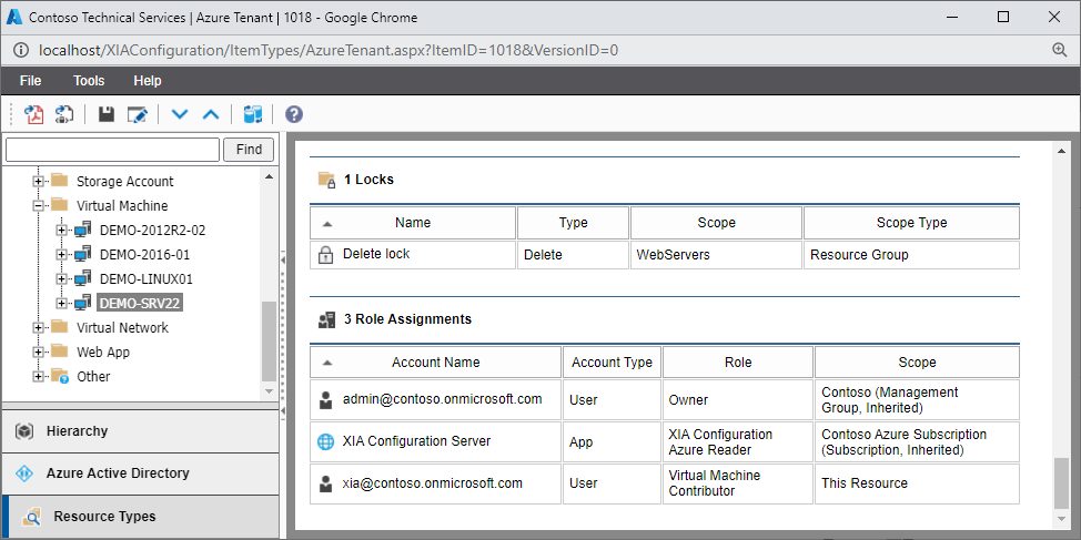 Screenshot of Azure virtual machine role assignments in the XIA Configuration web interface