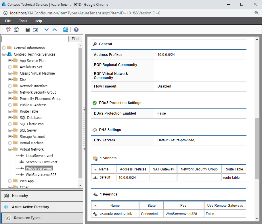 Screenshot of Azure virtual network settings in the XIA Configuration web interface