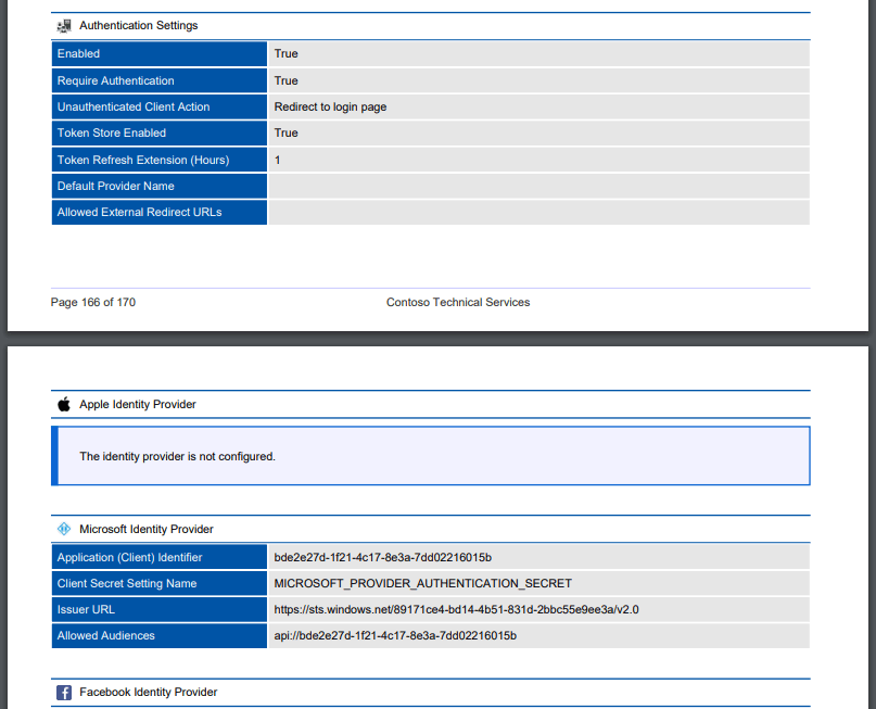 Screenshot of Azure web app authentication settings in a PDF generated by XIA Configuration