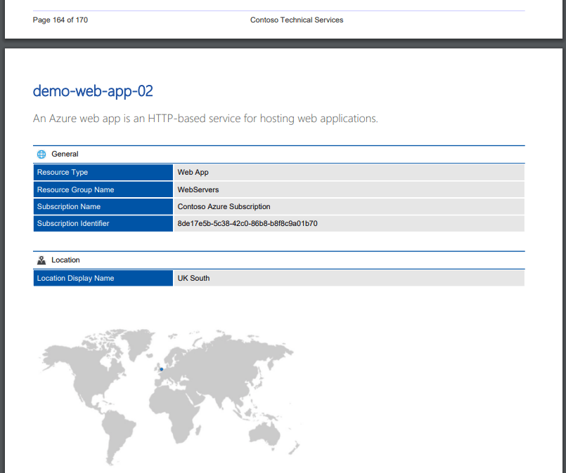 Screenshot of Azure web app general settings in a PDF generated by XIA Configuration